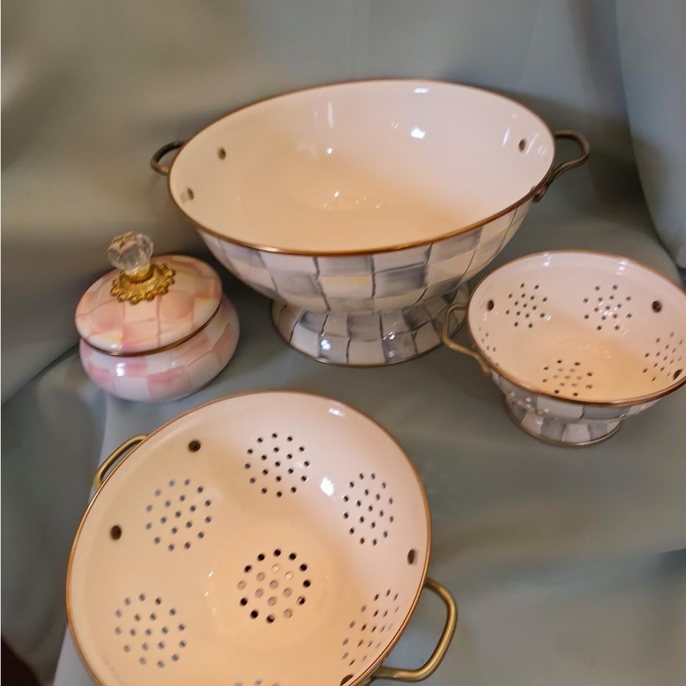 MacKenzie-Childs Pink and Gold Serveware Set with Checker Accents